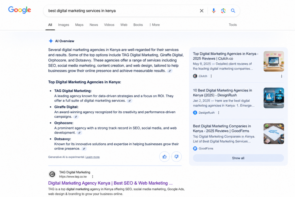 Google AI Overview displayed at the top of a Google search results page, demonstrating how AI Search is transforming SEO Services Kenya. The image highlights the growing importance of Answer Engine Optimization (AEO), Generative Engine Optimization (GEO), and AI Search Optimization strategies taught by Freddie Ngunju, SEO and AI Search Expert in Kenya, helping businesses improve visibility in Google AI Overviews, ChatGPT, Gemini, and other AI-powered search platforms.