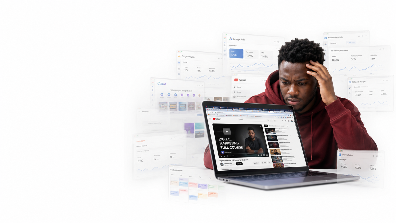 Digital marketing learner overwhelmed by online tutorials and marketing tools
