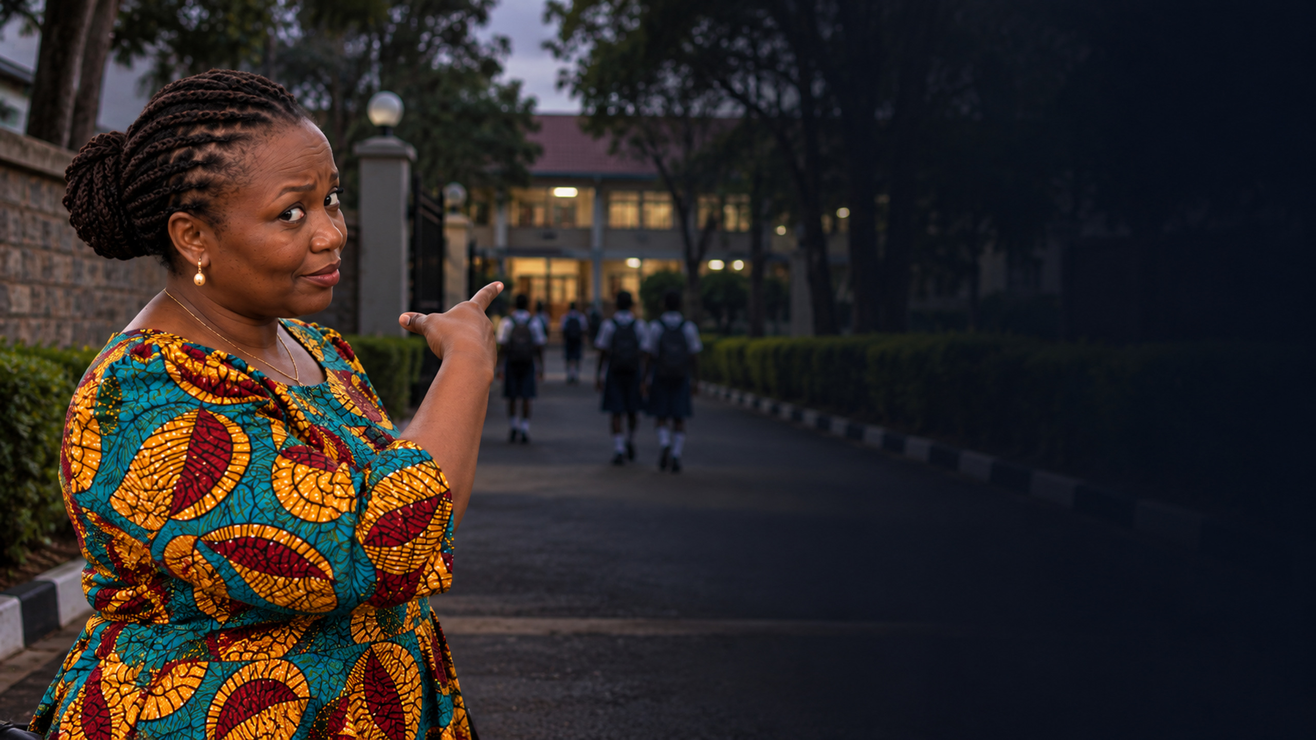 Woman in a kitenge pointing back toward a school