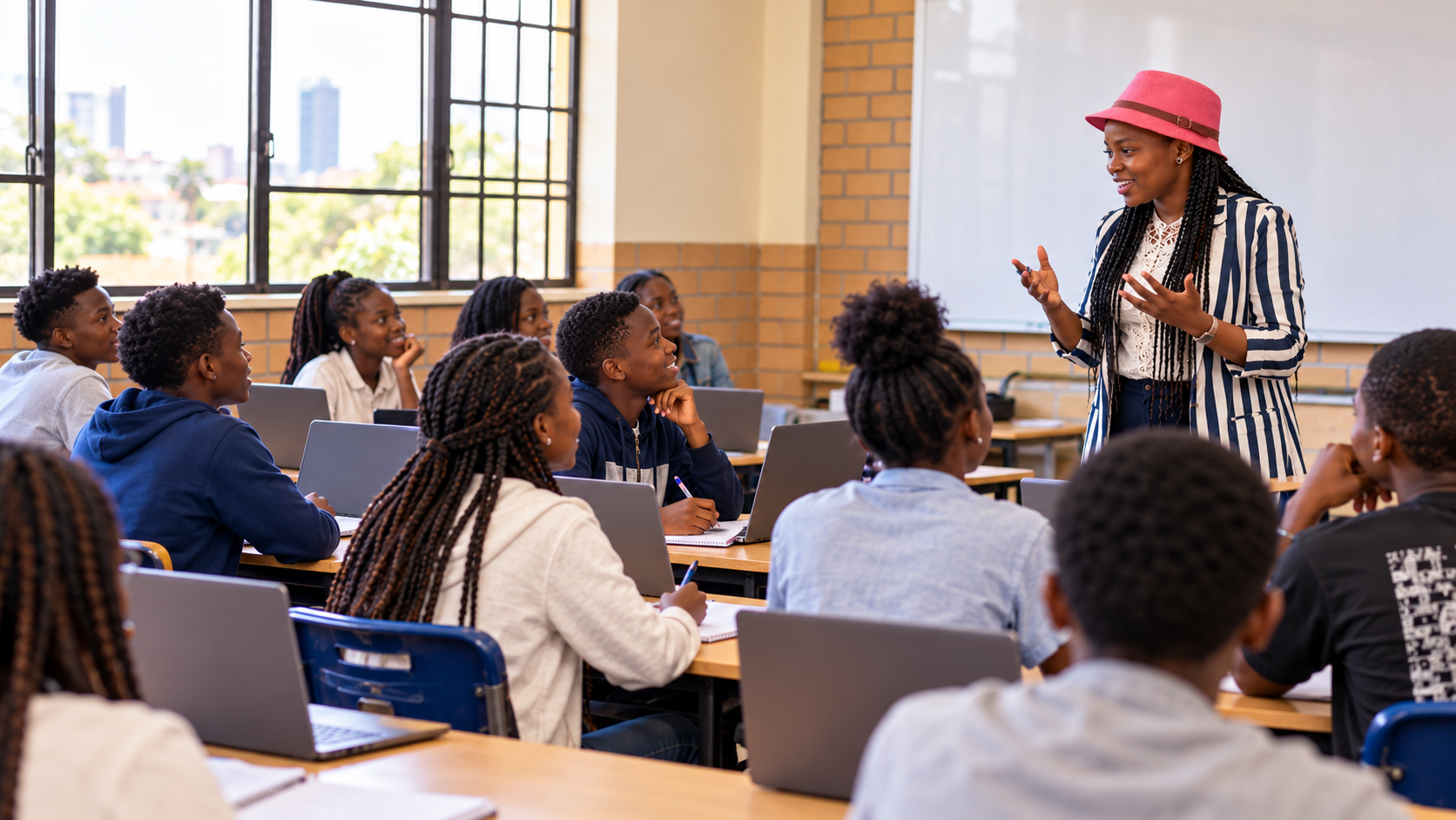 An instructor leading an AI class for students in Kenya