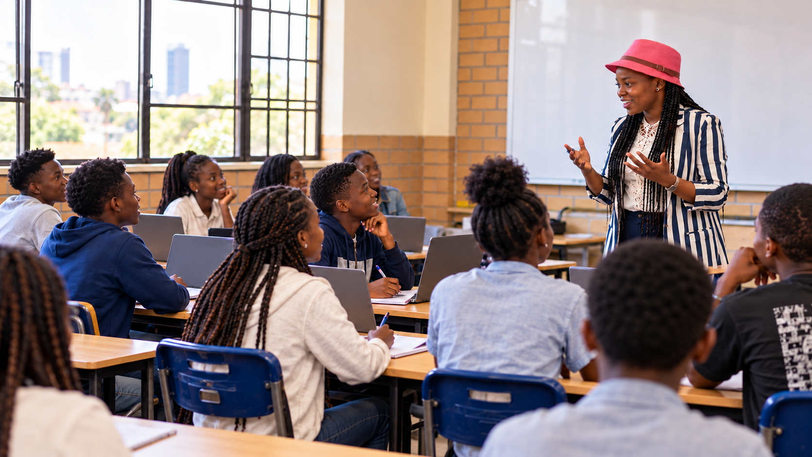 An instructor leads an AI Kids Club class while students work at computers
