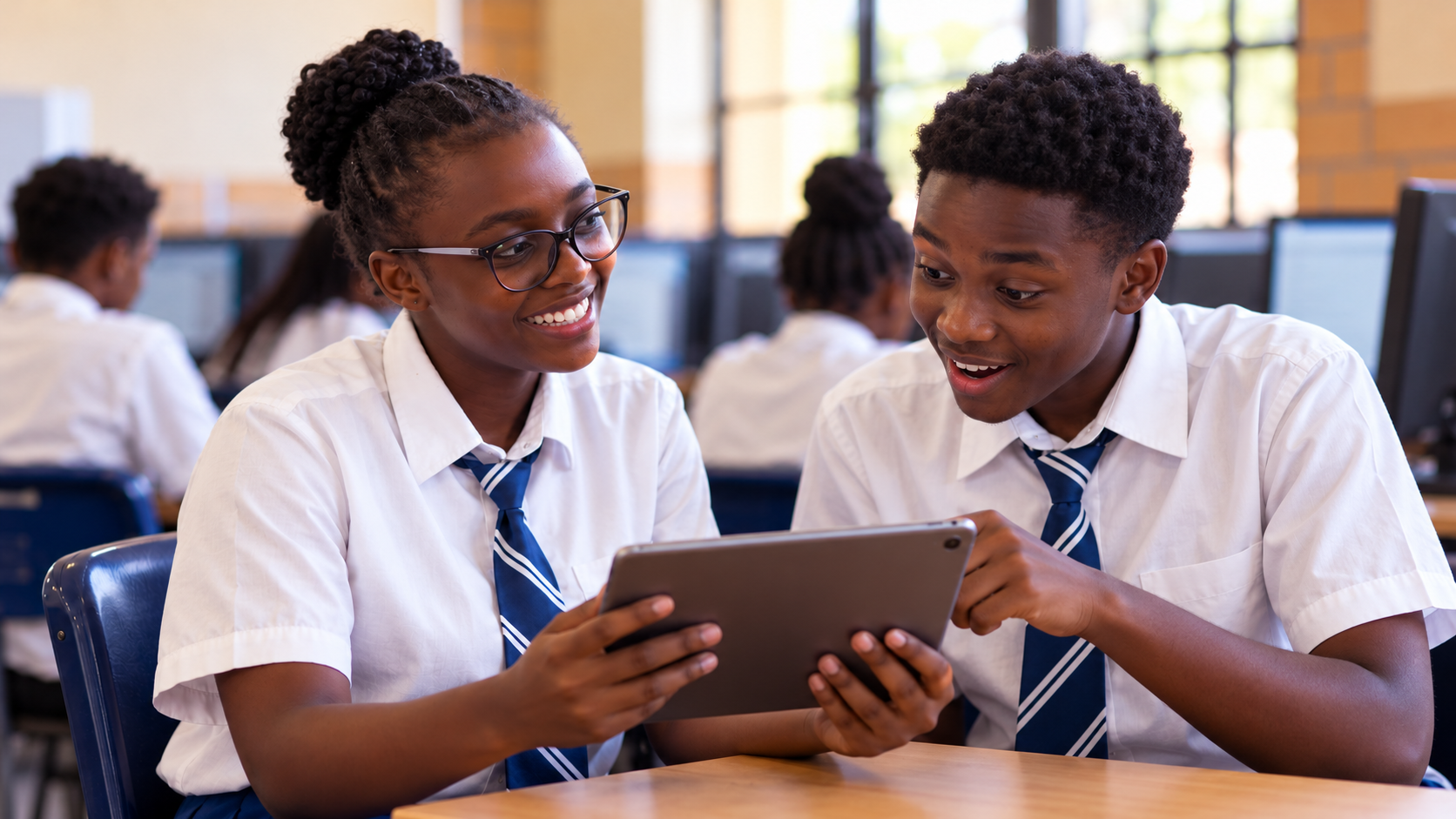 Students using tablets and computers during AI classes at school