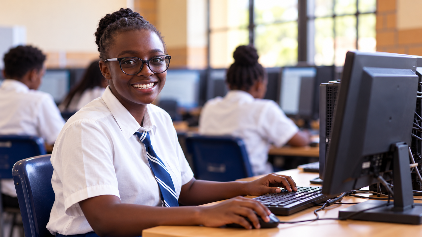 A smiling high school student in an AI class in Kenya