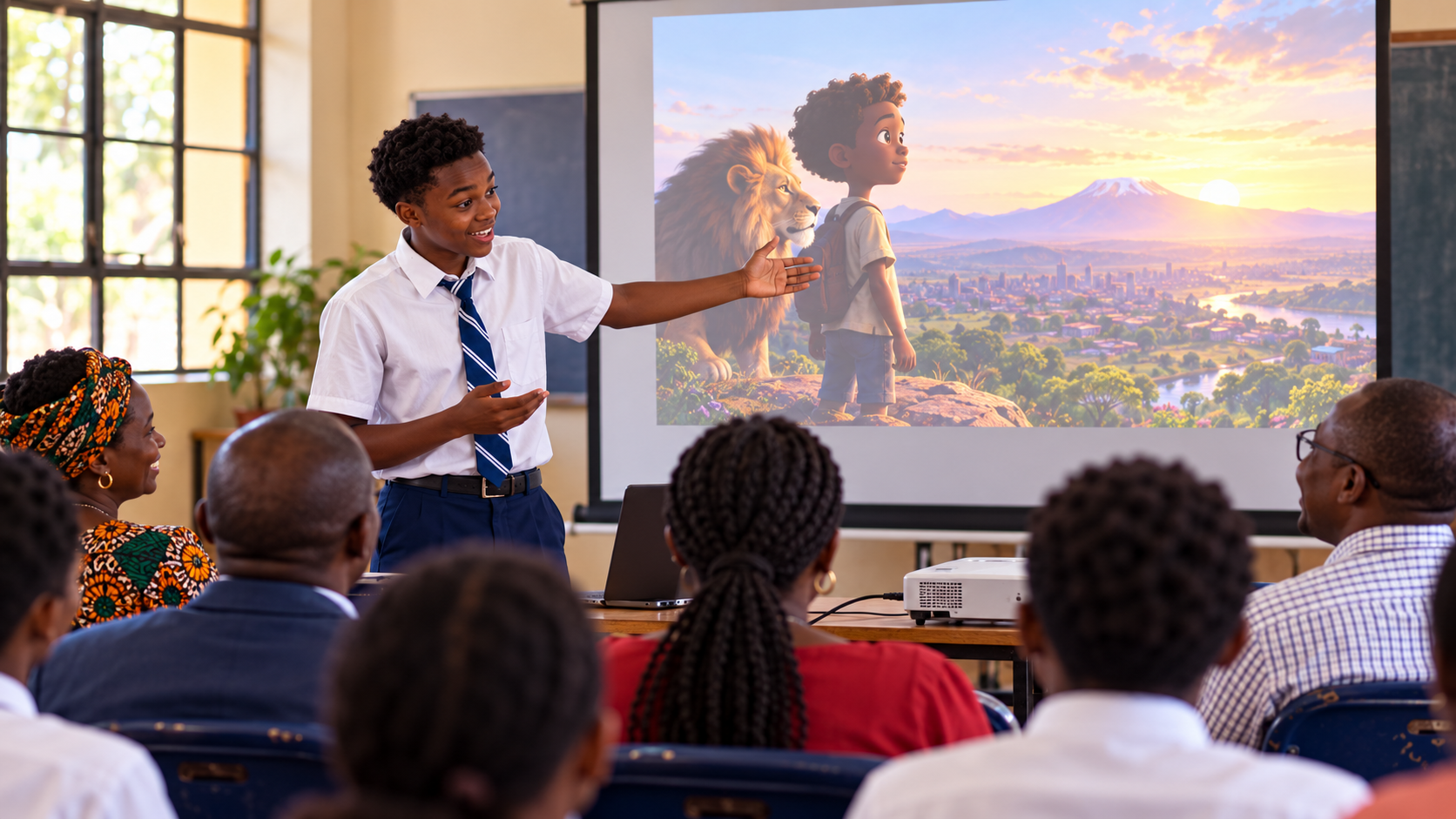 A student presenting an AI project to parents and the school community