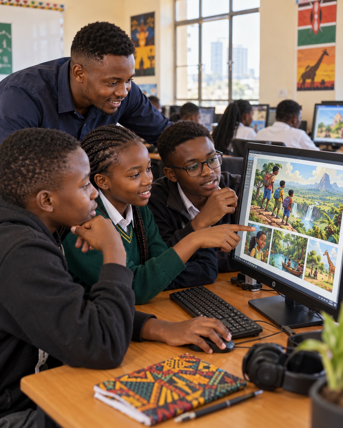 Children in Kenya taking part in a creative AI class