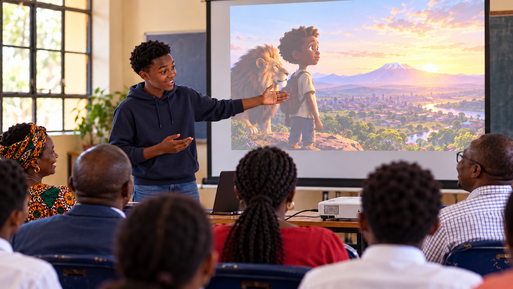 A student presenting a project made in AI class