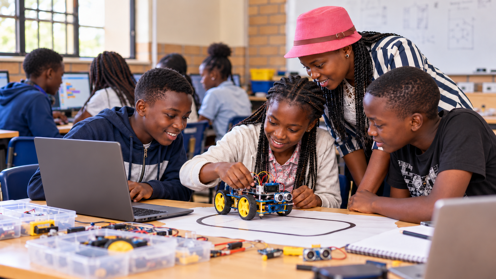 Children taking part in a robotics and coding session at AI Kids Club