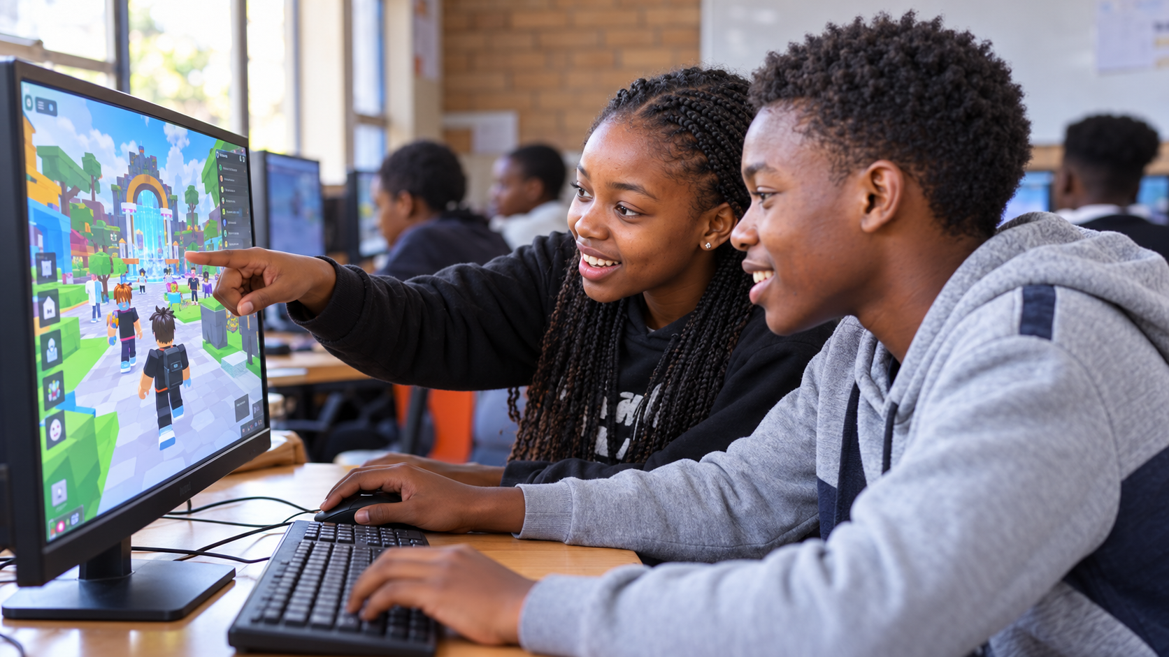 Children learning together at a computer during an AI class