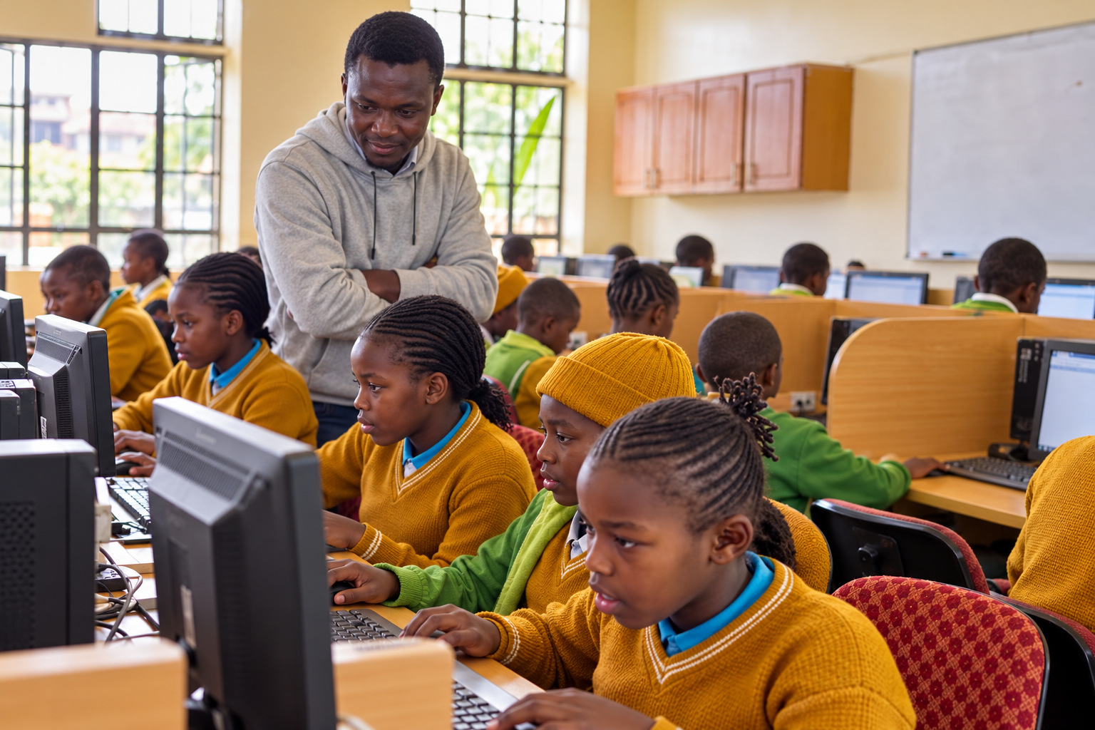 A student in a yellow sweater taking part in an AI class in Nairobi