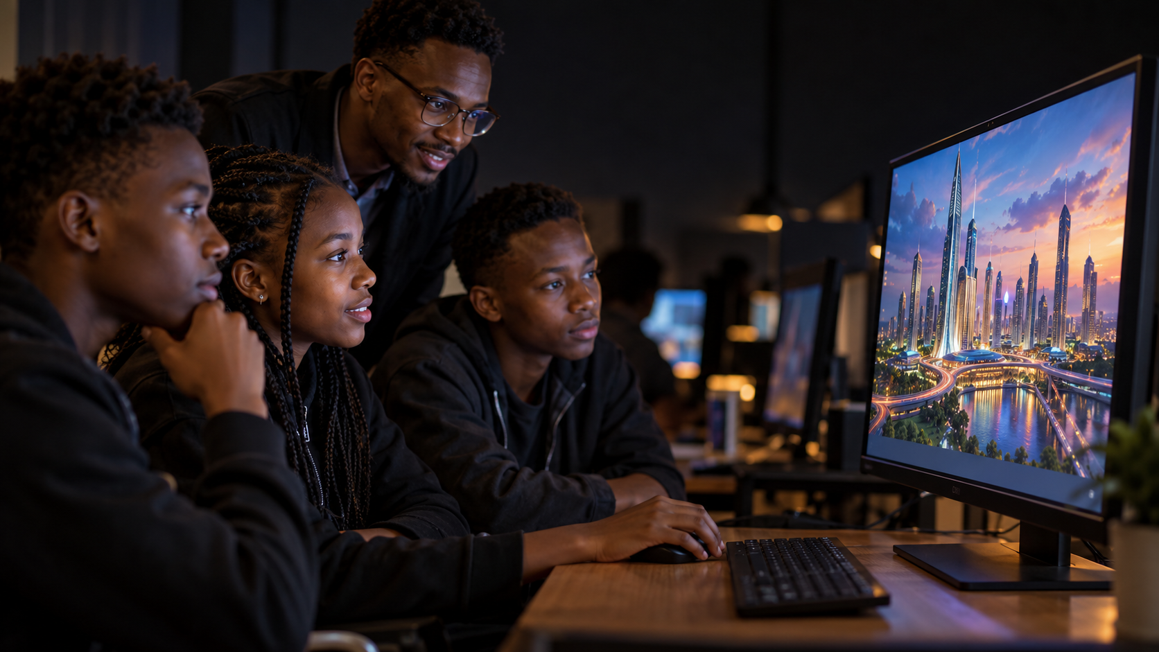 Students and trainer working together during an AI Kids Club class